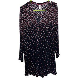 Xhilaration Women’s Black & Pink Floral Long-Sleeve Blouse Tunic Top Size XL